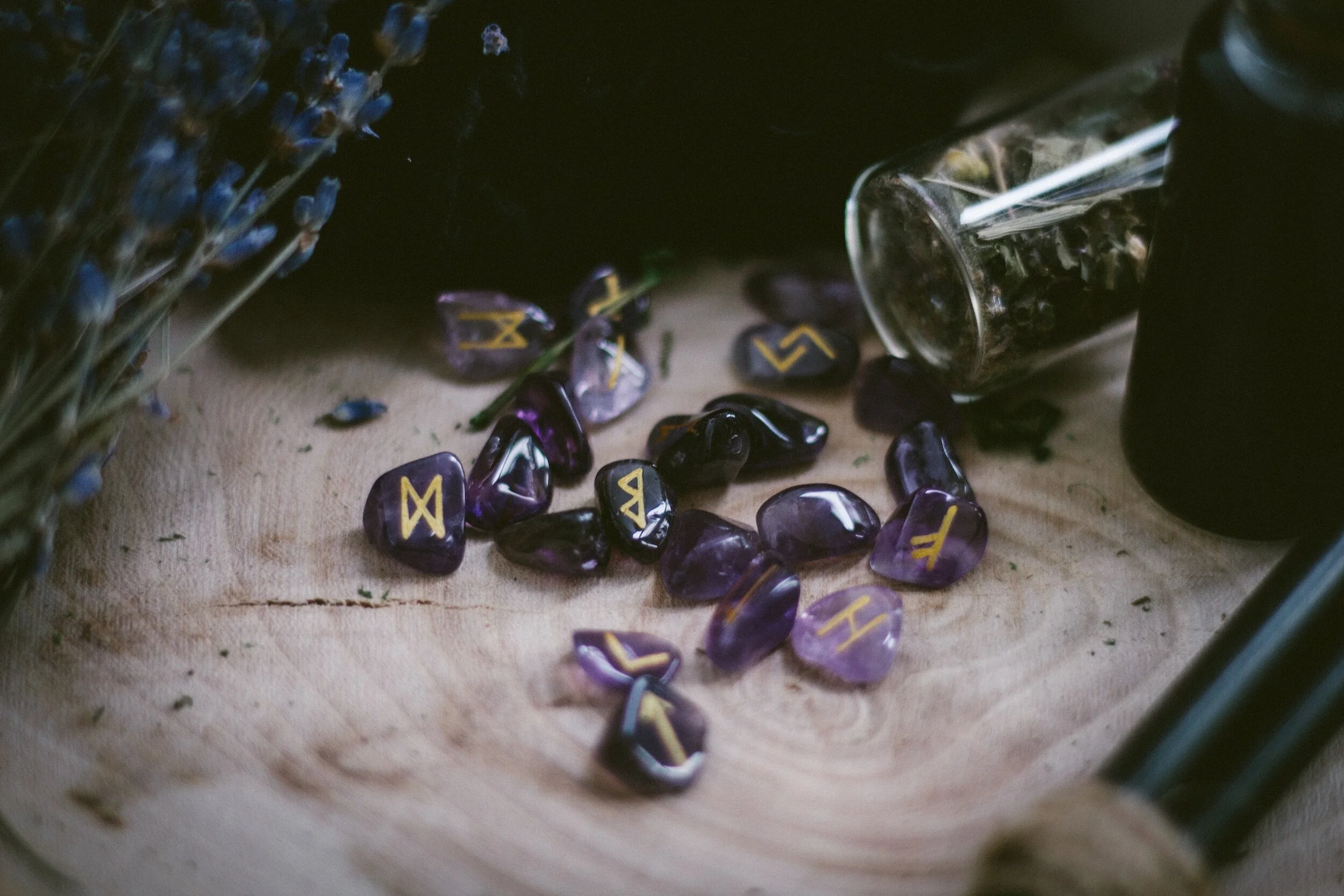 Amethyst runes being cast on a table