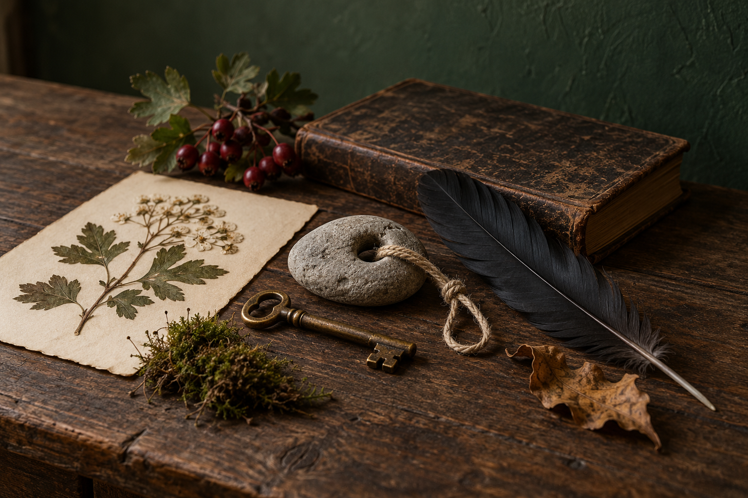 Folklore-inspired still life with a holed stone, antique key, black feather, botanical specimen and hawthorn berries on an old wooden table.