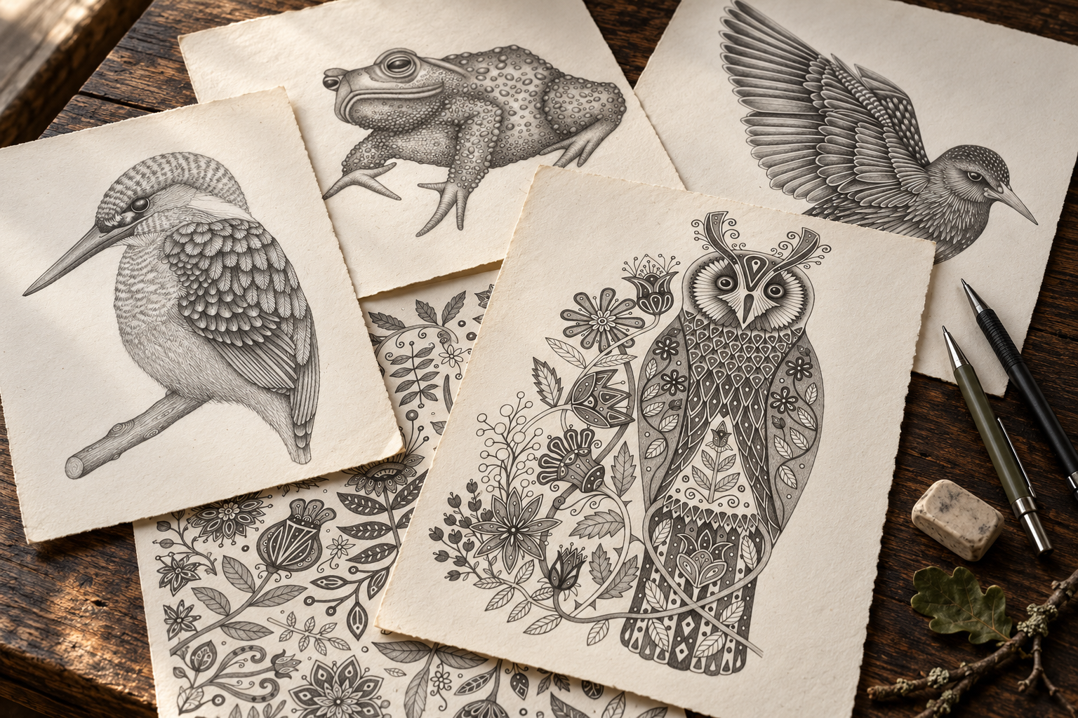 Graphite drawings of an ornamental owl, kingfisher, starling, toad and floral patterns arranged on a wooden table with drawing pencils.