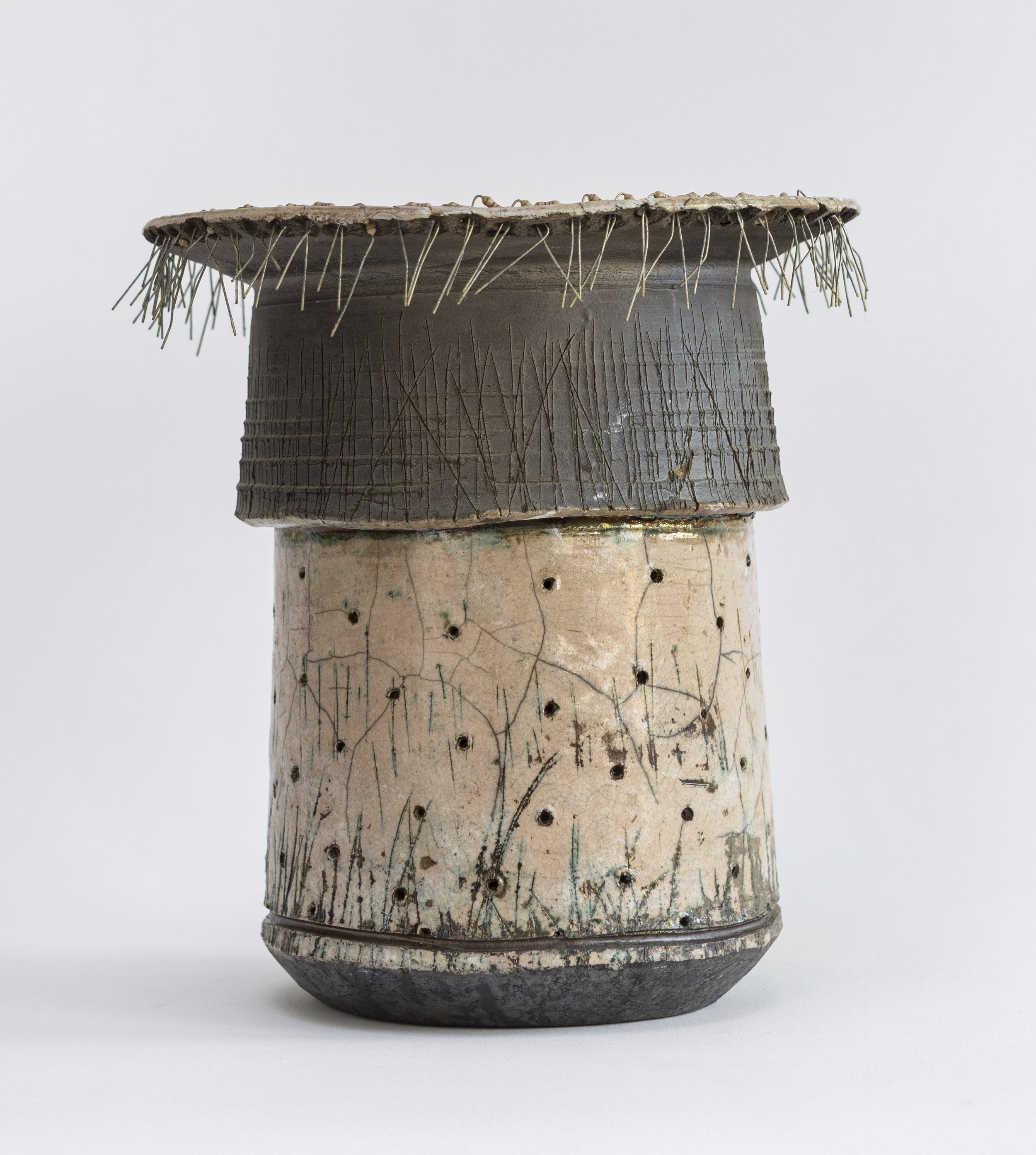 
Susan Siegel, ritual pot. A distinctive polyculture of natural materials strengthening one another, the vessels have inherent power brought out through ritual.