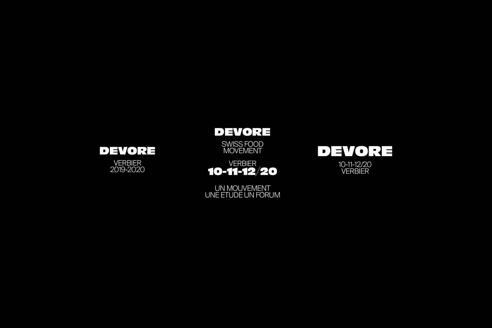 A graphic design poster with the word 'DEVORE' in bold white text in three different sections on a black background, featuring dates, locations, and descriptions of an event or movement related to Swiss food and movement, with phrases in French.