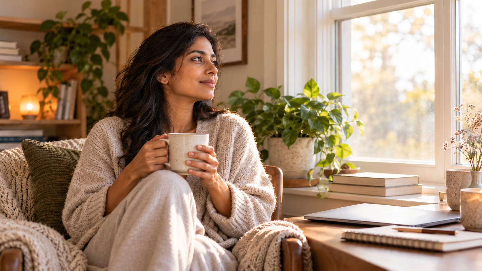 South Asian woman taking a quiet break from work, holding a cup of tea beside a window.
