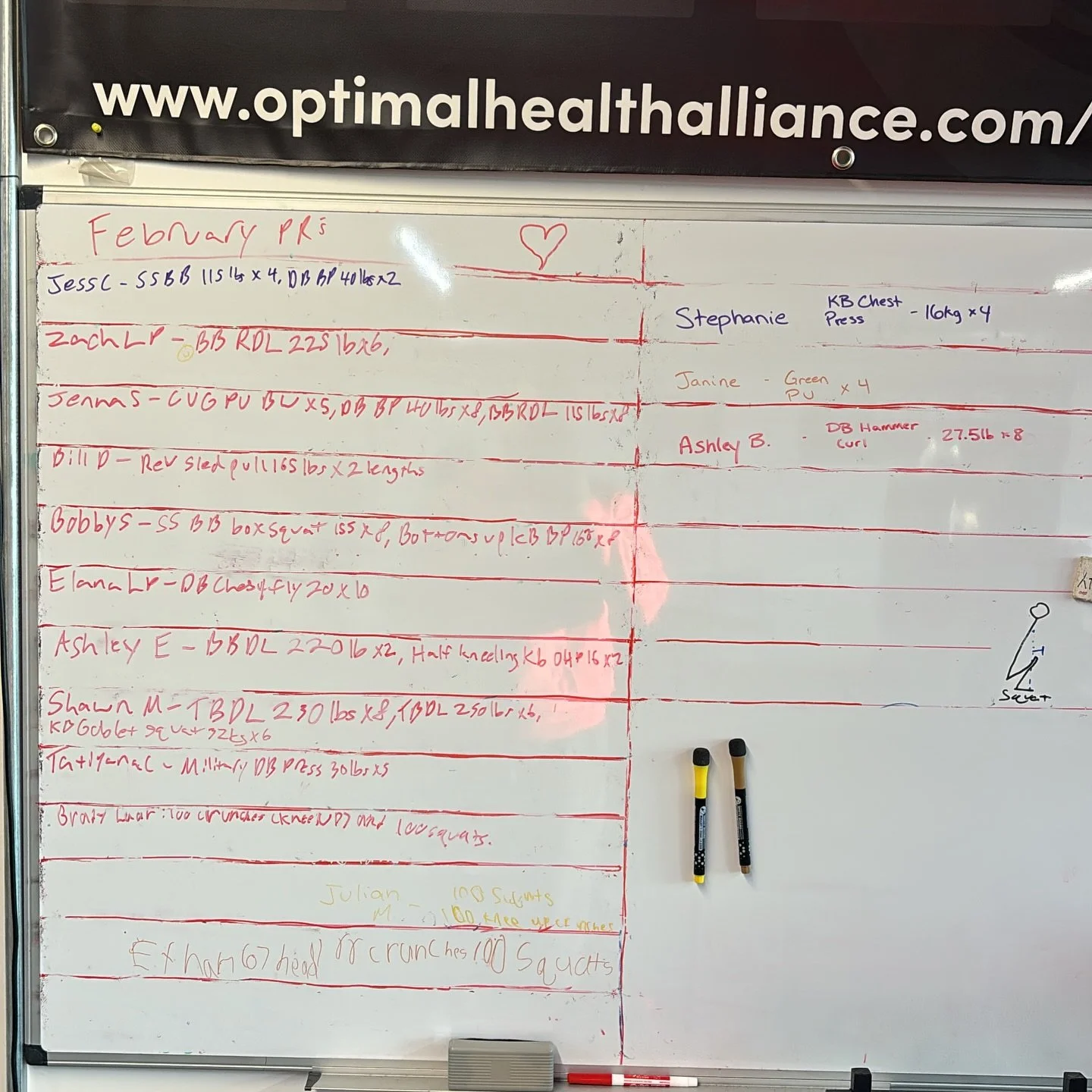 February PR&rsquo;s! Love and weights were in the air in Feb!
@jac7207 - SS BB 115 lbs x 4, DB BP 40 lbs x 2
@zlanderportnoy - BB RDL 225 lbs x 6
@jshenk5 - CUG PU BW x 6, DB BP 40 lbs x 8, BB RDL 115 lbs x 8
Bill D - Rev sled pull 165 lbs x 30 yds 
