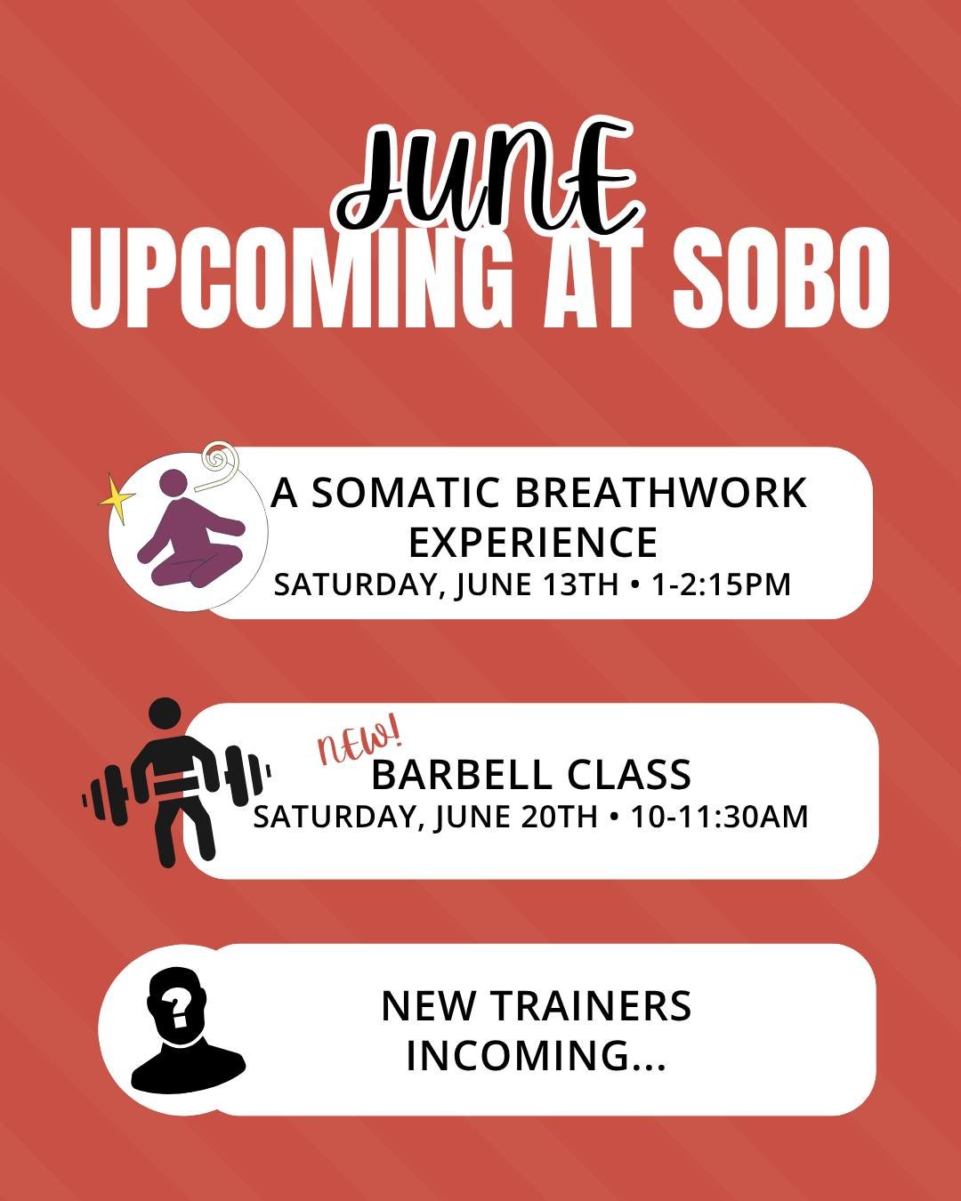 June is almost here and we are SO ready!!

Here is what we have coming up to kick off the month...

🧘 Coach @kwhalencoach is BACK!
Somatic Breathwork Experience l Saturday June 13th
Come take a moment for yourself, reconnect with your body and mind,