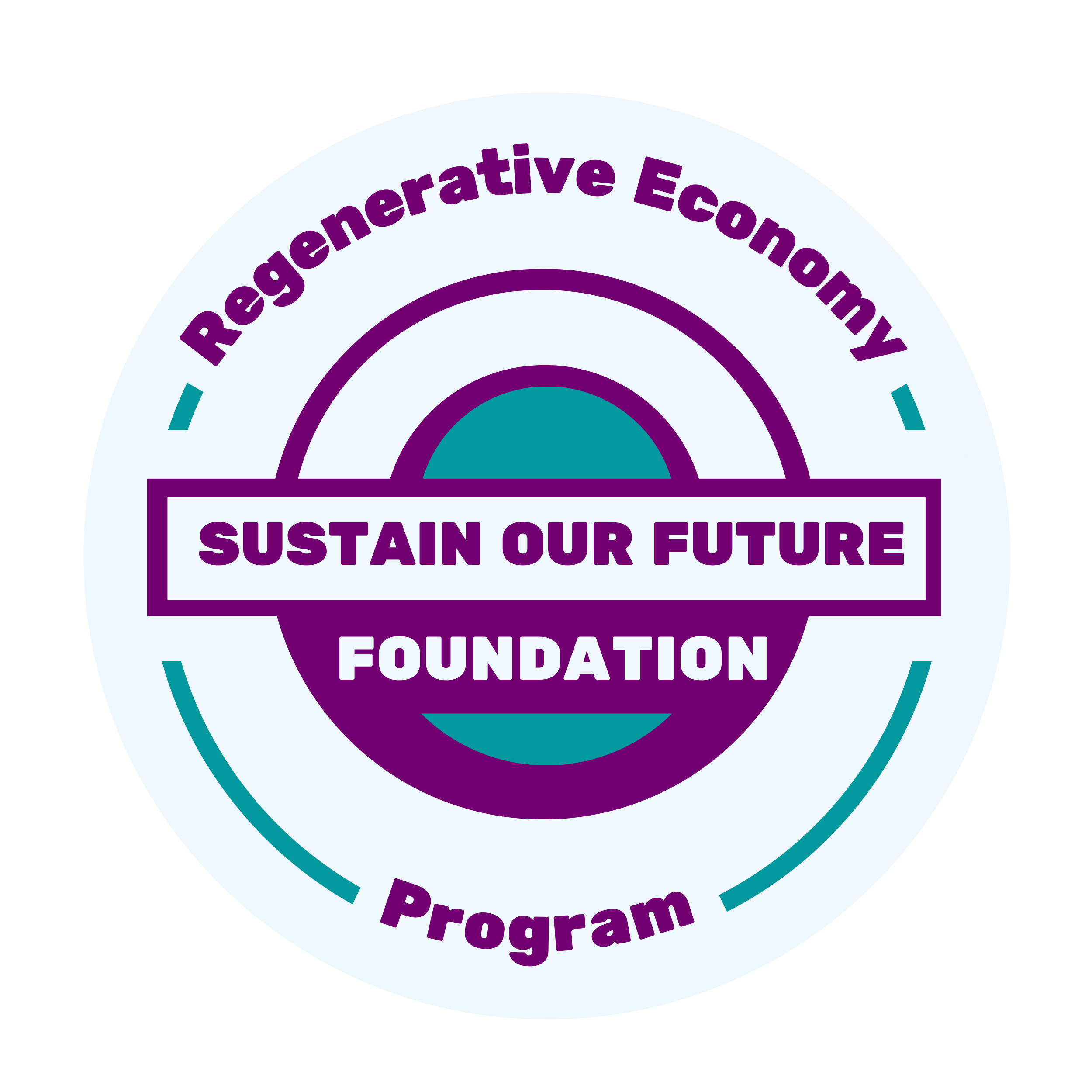 Logo for the Regenerative Economy Foundation's Sustain Our Future Program, featuring text and a circular design with purple, teal, and white elements.