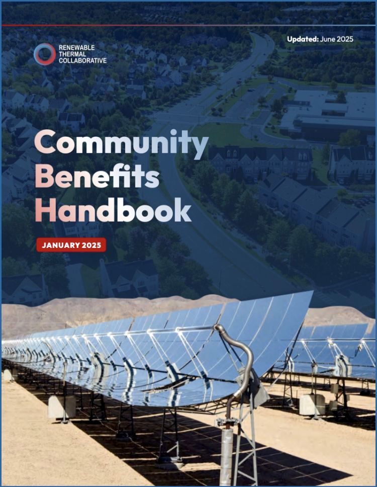 Cover page of the Community Benefits Handbook with a background of residential neighborhood and solar panels in a field.