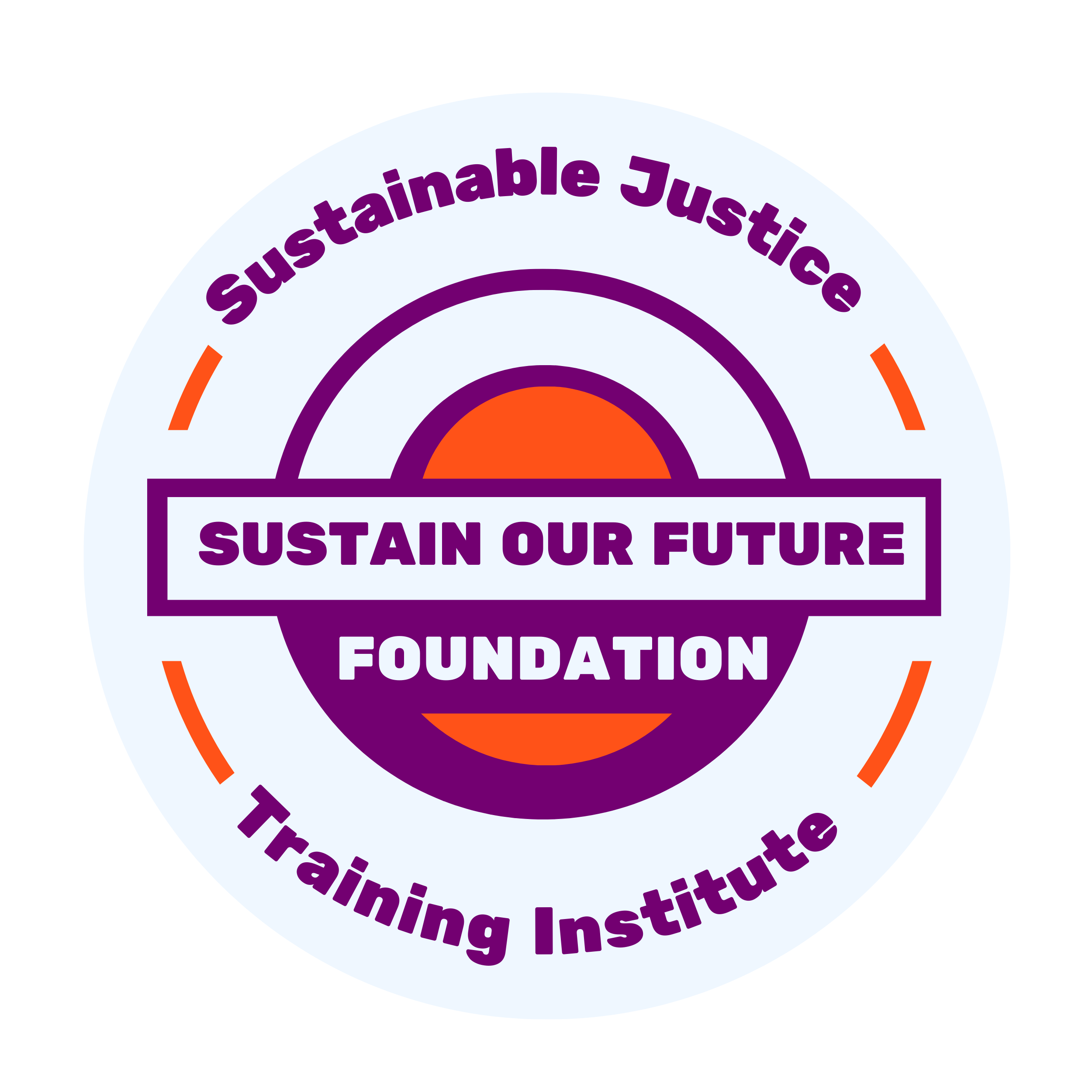 Logo for the 'Sustain Our Future Foundation,' part of the 'Sustainable Justice Training Institute,' featuring a circular design with purple, orange, and white colors, with text and stylized graphical elements.