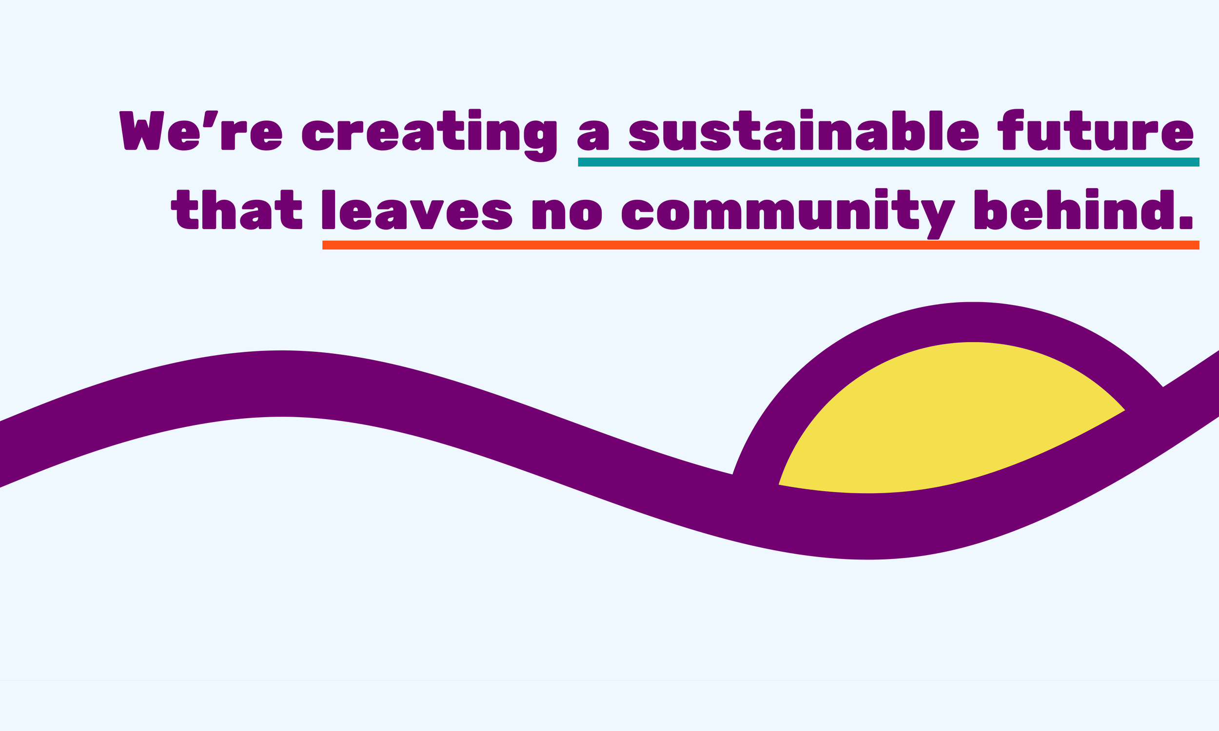 A presentation slide with the quote: "We're creating a sustainable future that leaves no community behind," with a yellow semi-circle and purple wave graphic.