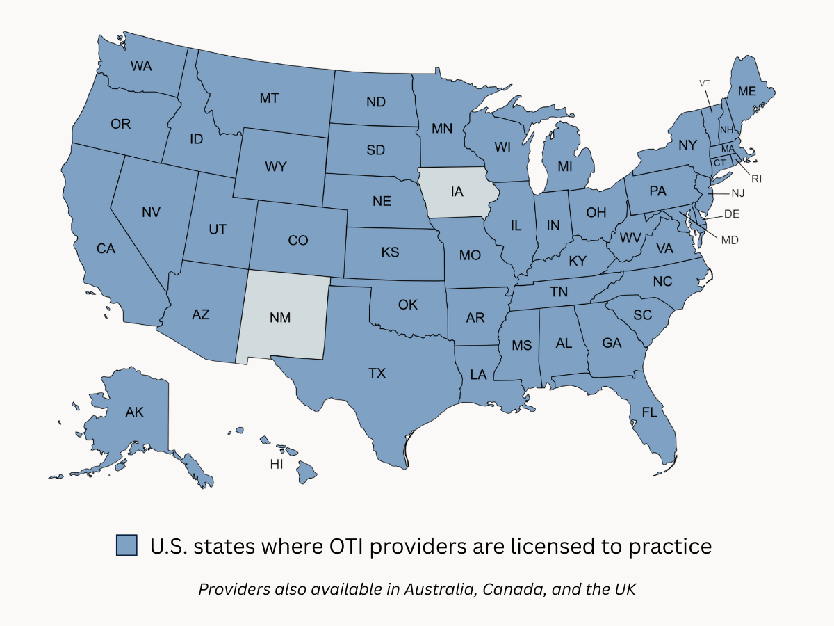 Map of U.S. states where OTI providers are licensed to practice. All states included except New Mexico and Iowa. OTI providers are also available in Australia, Canada, and the UK.
