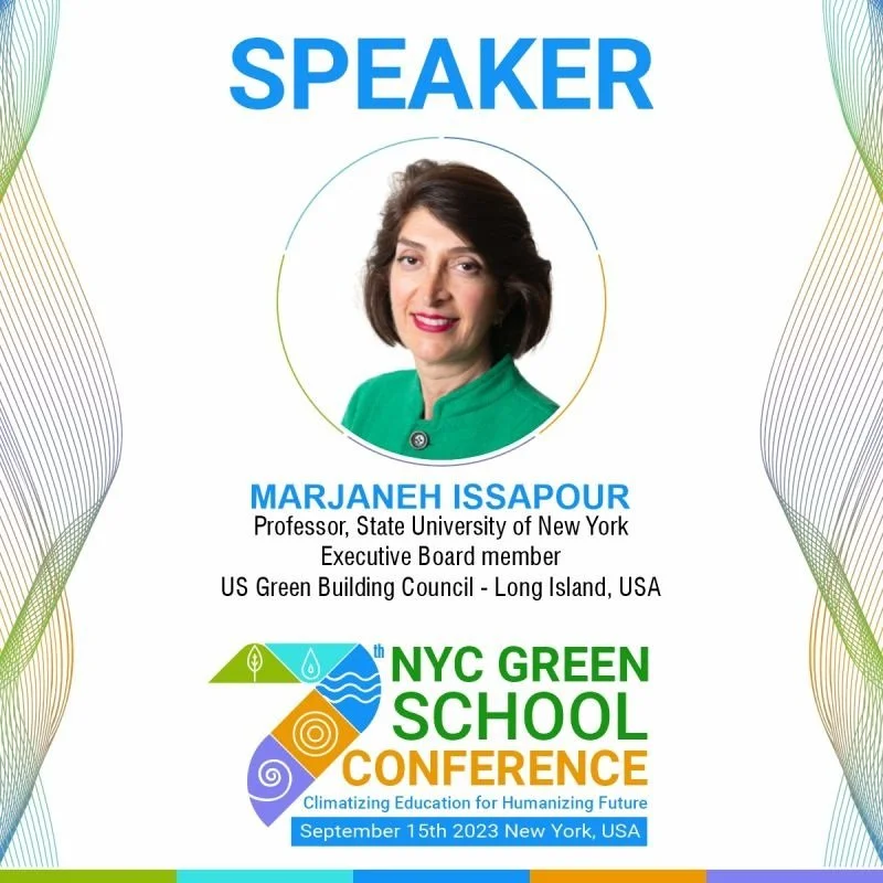Poster announcing Marjaneh Issapour as a speaker at the NYC Green School Conference on September 15th, 2023, in New York, USA. The poster features her photo, professional titles, and logos related to the conference.