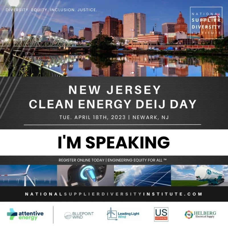 A promotional flyer for New Jersey Clean Energy DEI Day presenting event details, images of solar panels, wind turbines, and energy infrastructure, with city skyline and water reflection in background, and logos of participating sponsors.