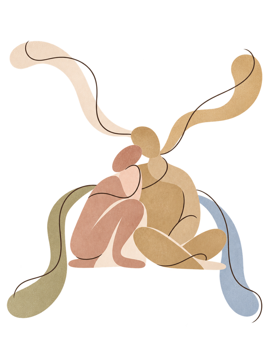 Illustration of an embracing couple with four flowing ribbons representing the different therapy modalities, Relational Life Therapy, Gottman Method, PACT, and EFT, used in couples therapy with Natalie Gaida in Needham, MA