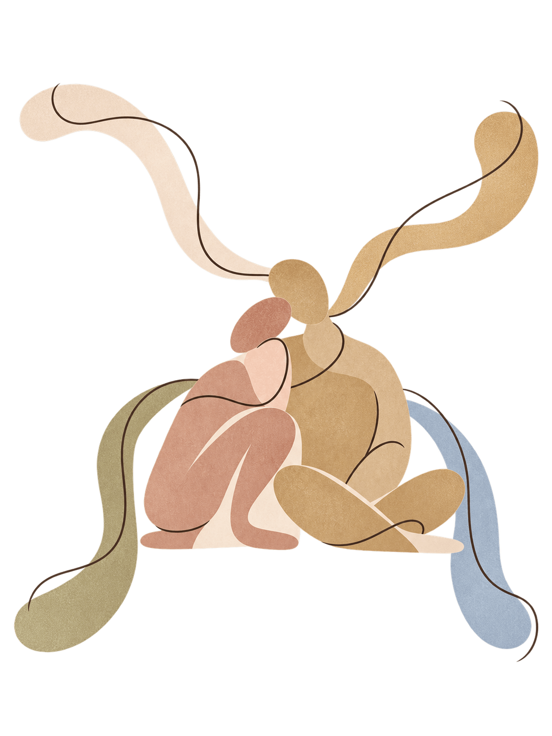 Embracing couple with four flowing ribbons representing different therapy modalities