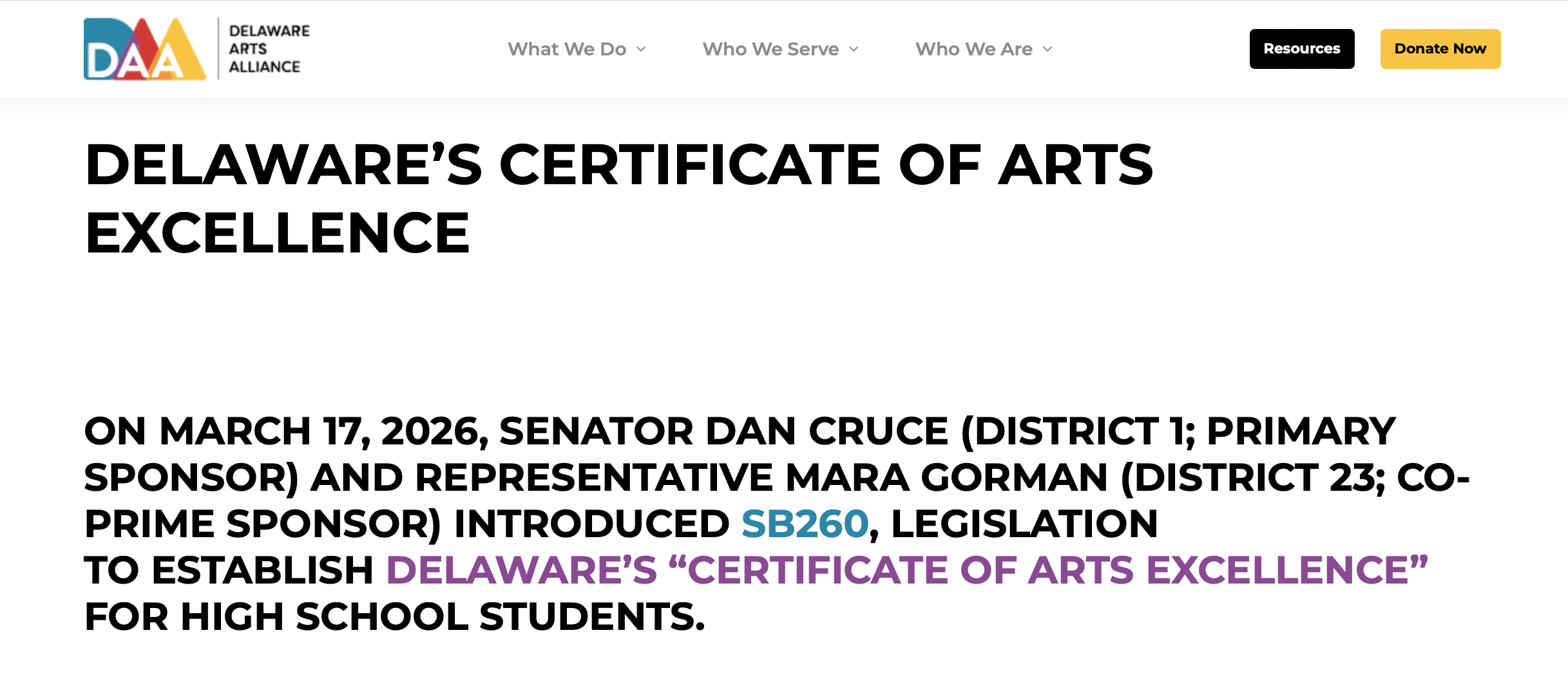 Delaware Certificate of Arts Excellence