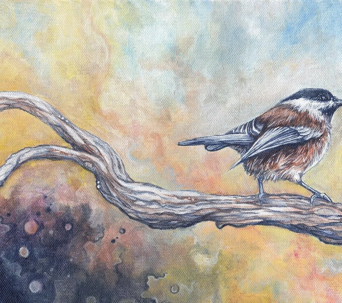 A painting of a small bird with black, white, and brown feathers perched on a twisting, textured branch against a colorful, abstract background.