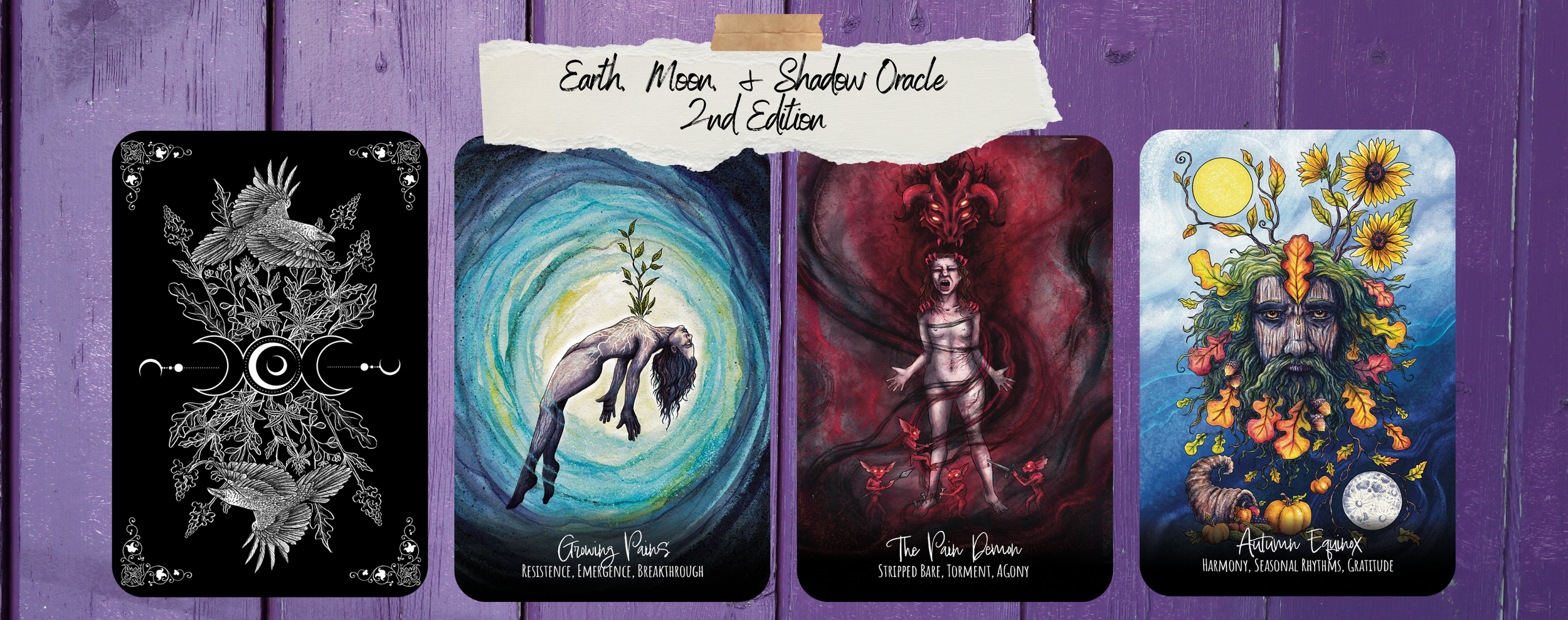 Four tarot card illustrations on a purple wooden background. The first card is a black and white design featuring birds, leaves, and celestial symbols. The second card depicts a human figure with long dark hair, hanging upside down in a swirling blue-green background. The third card shows a woman with red hair and a dragon head above her, with a dark red background. The fourth card displays a bearded face with flowers, sun, moon, and pumpkins around his head against a blue sky.