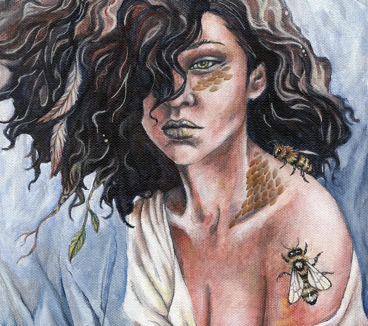 A fantasy-style portrait of a woman with dark, curly hair, yellow-green eyes, and golden scales on her face, neck, and shoulder. Bees and feathers are integrated into her hair and on her shoulder. She is wearing a light-colored, off-shoulder garment.