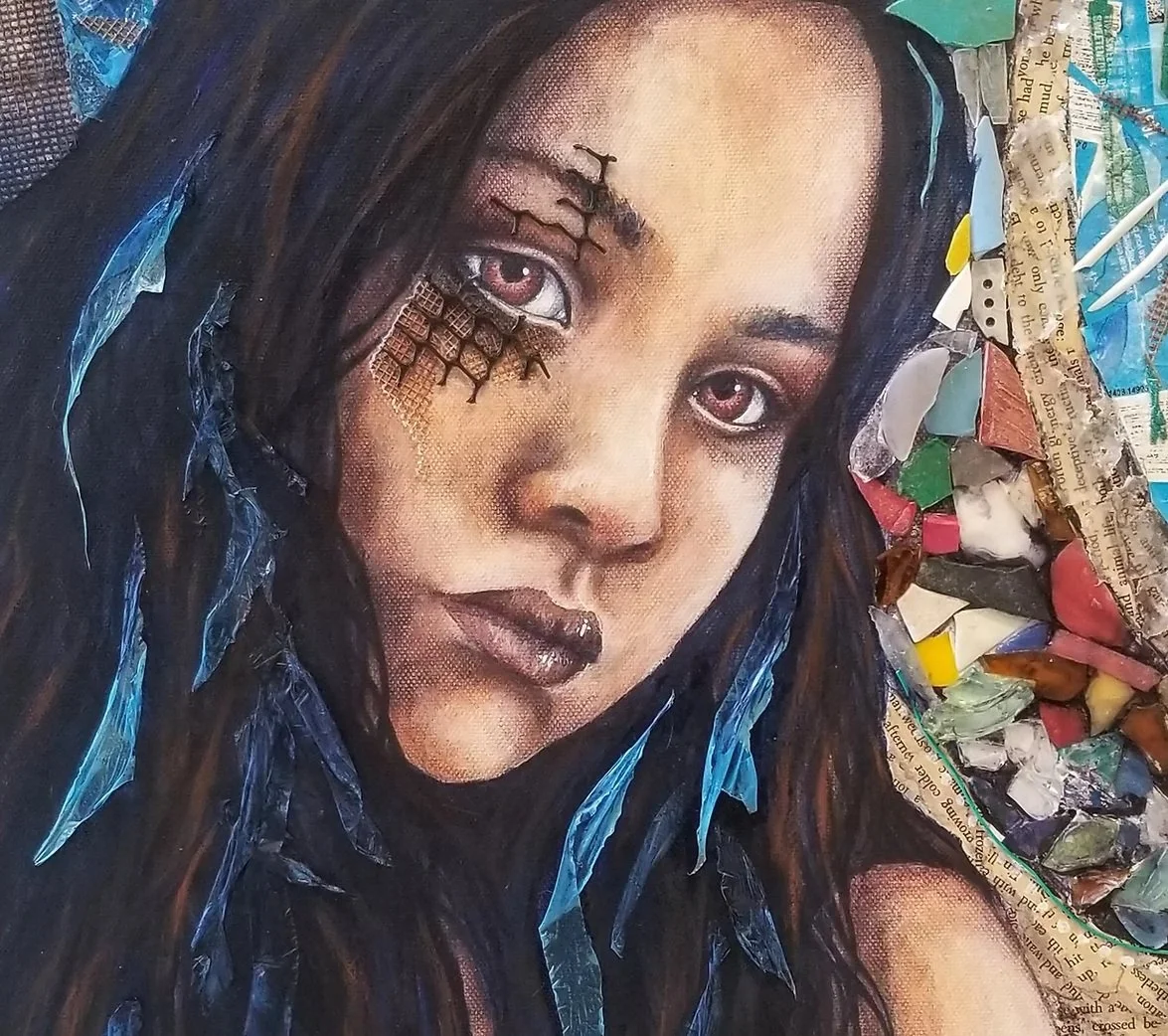 A mixed media portrait of a woman with dark hair and purple eyes, surrounded by torn paper and various recycled materials.