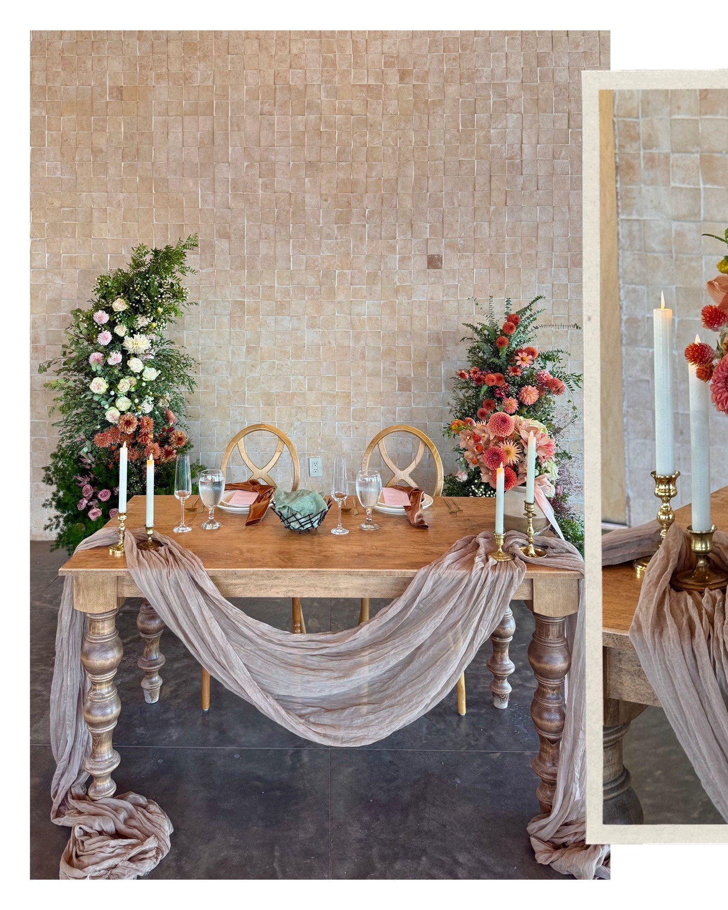 Still swooning over these fall tabletops at The Red Earth Venue 🍂✨ The perfect mix of cozy autumn colors and the dreamiest blooms &mdash; locally grown dahlias, gomphrena, and cosmos from @farmyardmoab, with roses, mums, orchids, and loads of textur