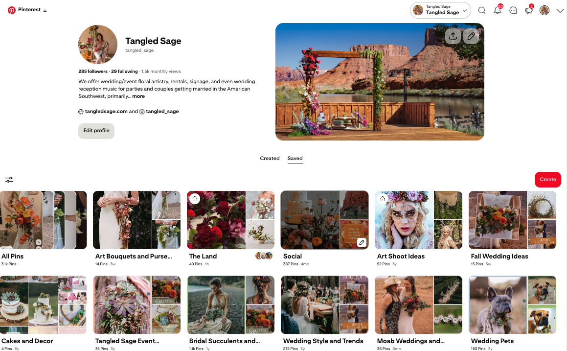 Screenshot of Tangled Sage's Pinterest Board to inspire wedding floral inspiration in Moab, UT