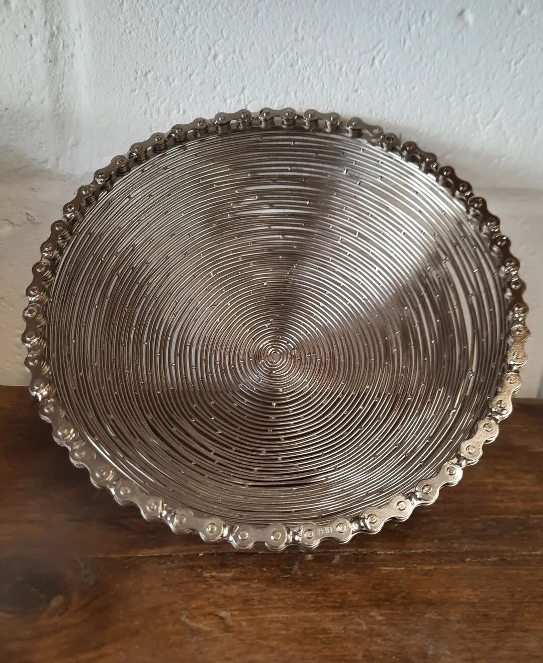 Silver bowl made from old 🚲. Made in India part of the fair trade range. 
#bicycle 
#bikechain
#recycledbikeparts 
#madeinindia 
#fairtradegift 
#woodstreetcommunity 
#walthamstowvilliage 
#London
#E17