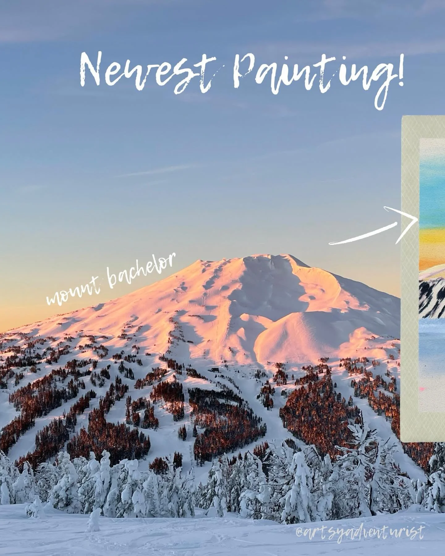 Everyone, meet my newest painting! &ldquo;Bright Future&rdquo;. 

Everyone loves Mt. Bachelor, and I hope this colorful landscape cheers you up since the snow has been so bad this year 😢. Thanks to my friend @the.stray.bar for the reference photos! 