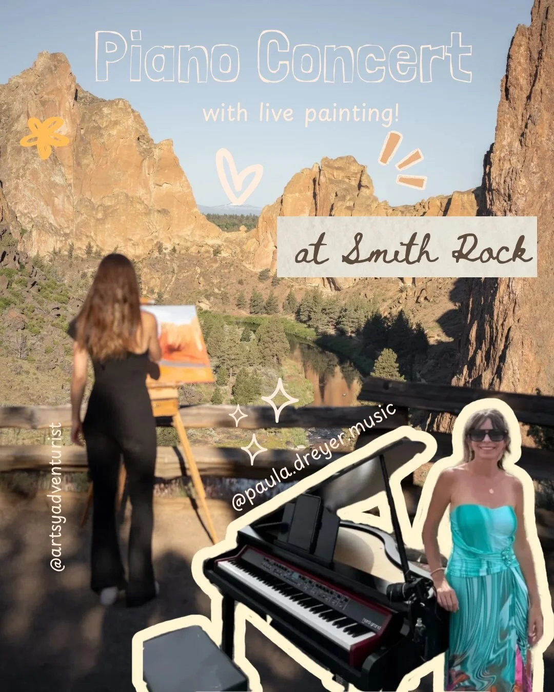 Who wants to come hear a piano concert by @paula.dreyer.music (who writes her own music!! 😱🤩) and watch me paint live?! Yes, you do! And at iconic Smith Rock&hellip;.yes please, sign me up. 🫡THIS SUNDAY may 17, 3-4:30 and A SECOND SHOW JUST ADDED 