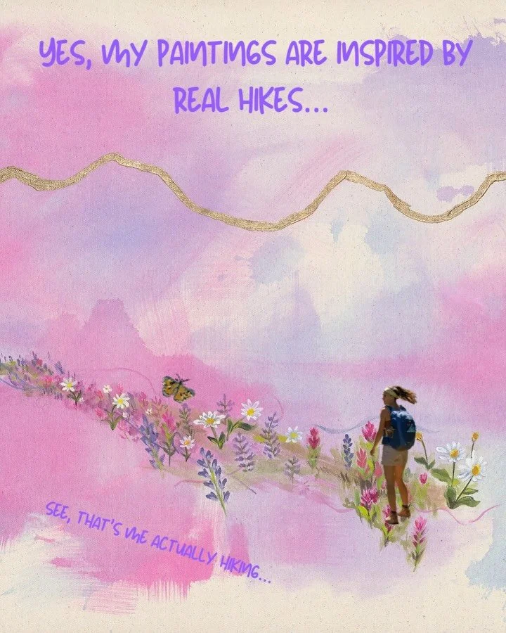 Out on an artsy adventure! Here&rsquo;s a little background on my pink whimsical wildflowers painting. Each flower and butterfly was photographed by me on a hike! (Swipe!)