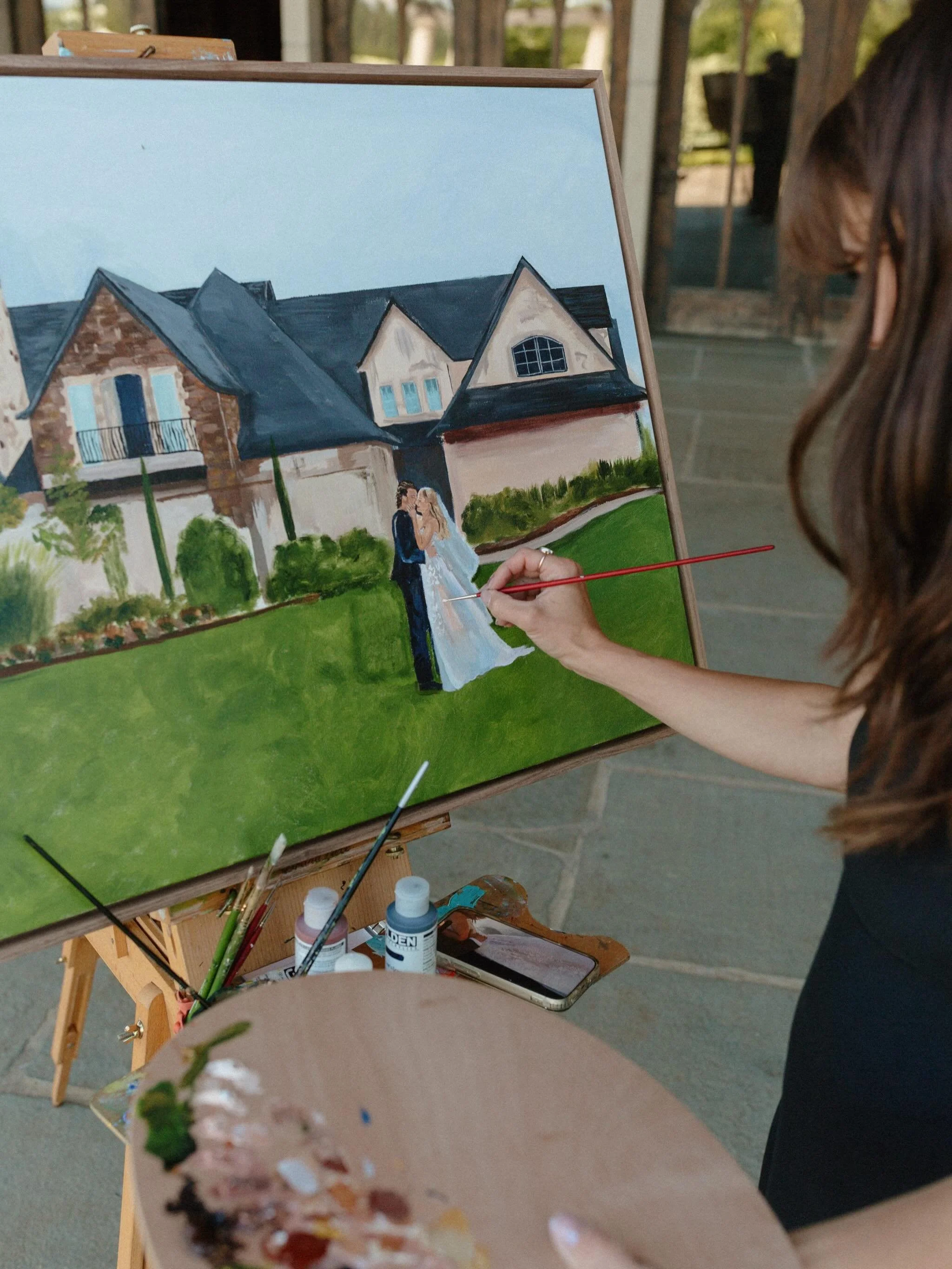 Live wedding painting of the couple at Chateau de Lis, in Oregon. Photos of this styled shoot by @abeautifulunion 

I still have a few openings for live wedding painting this year! Reach out to me on my website ☺️

Planning &amp; Design: @akevents_co