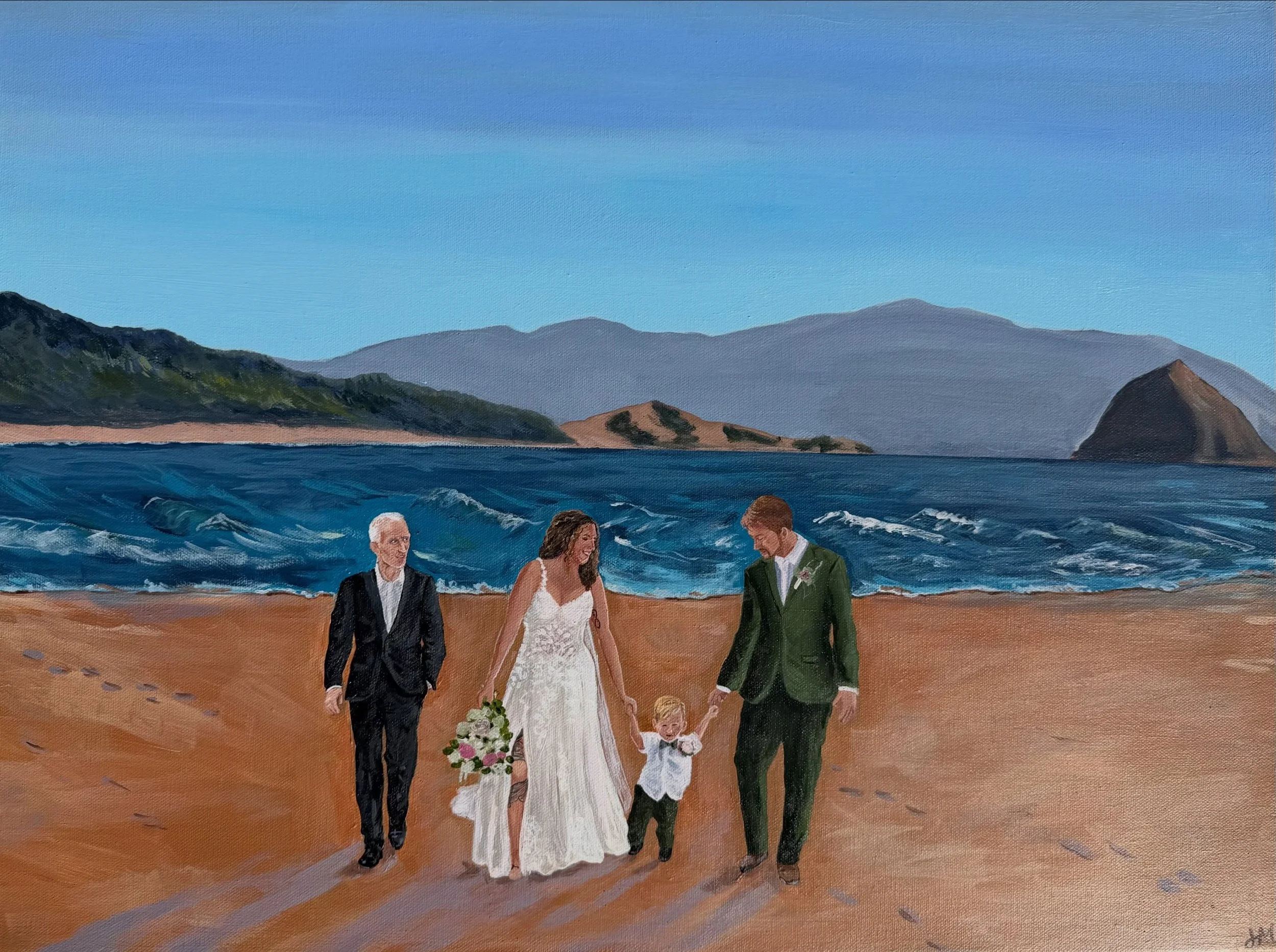 Dylan and Chayse&rsquo;s wedding painting was delivered this week! I am in love with this one. It was an intimate coastal wedding ceremony and I got to paint on the beach. Her late father was added to the painting for a special way to honor him. 
Swi
