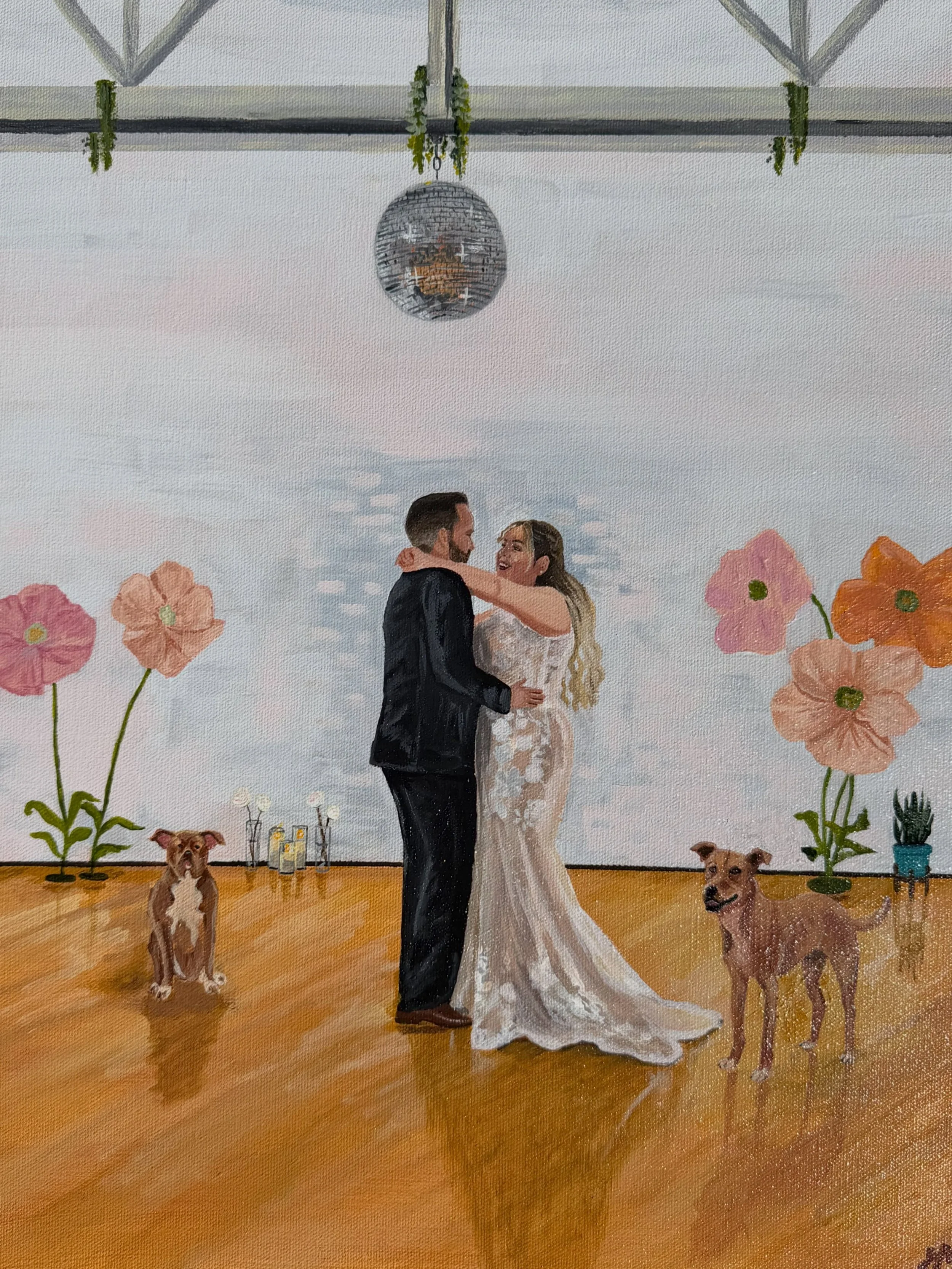 Chris and Julia&rsquo;s live wedding painting, finished product! This was a fun one, with the disco ball and adding in the pups! Congrats you two 😍