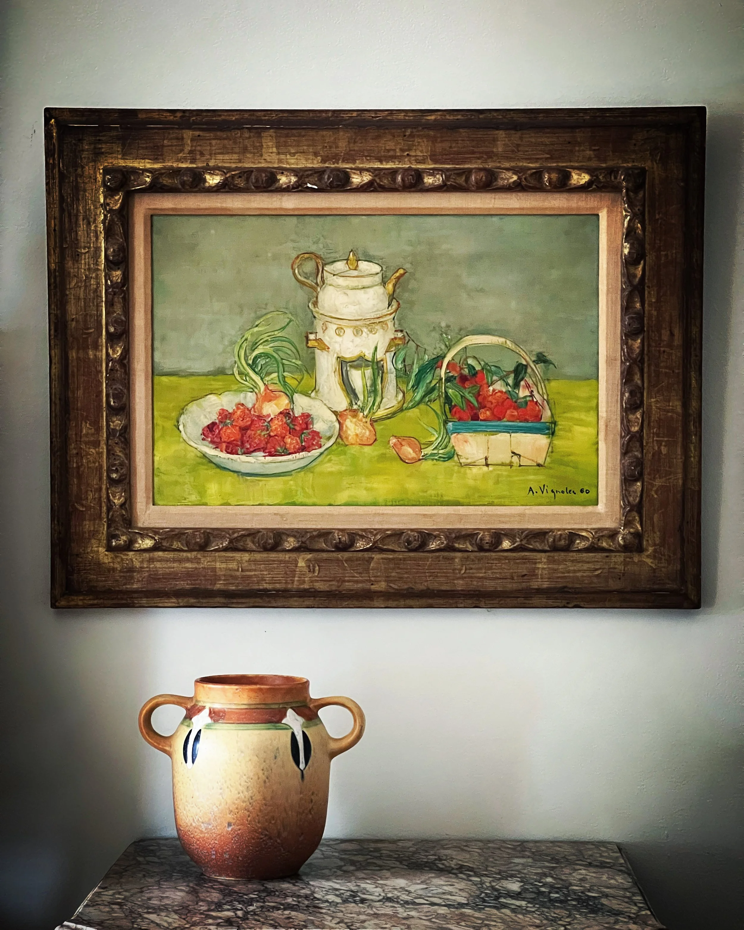 Still Life Painting with Fruit and Onions by André Vignole, Oil on Canvas, 1960, French