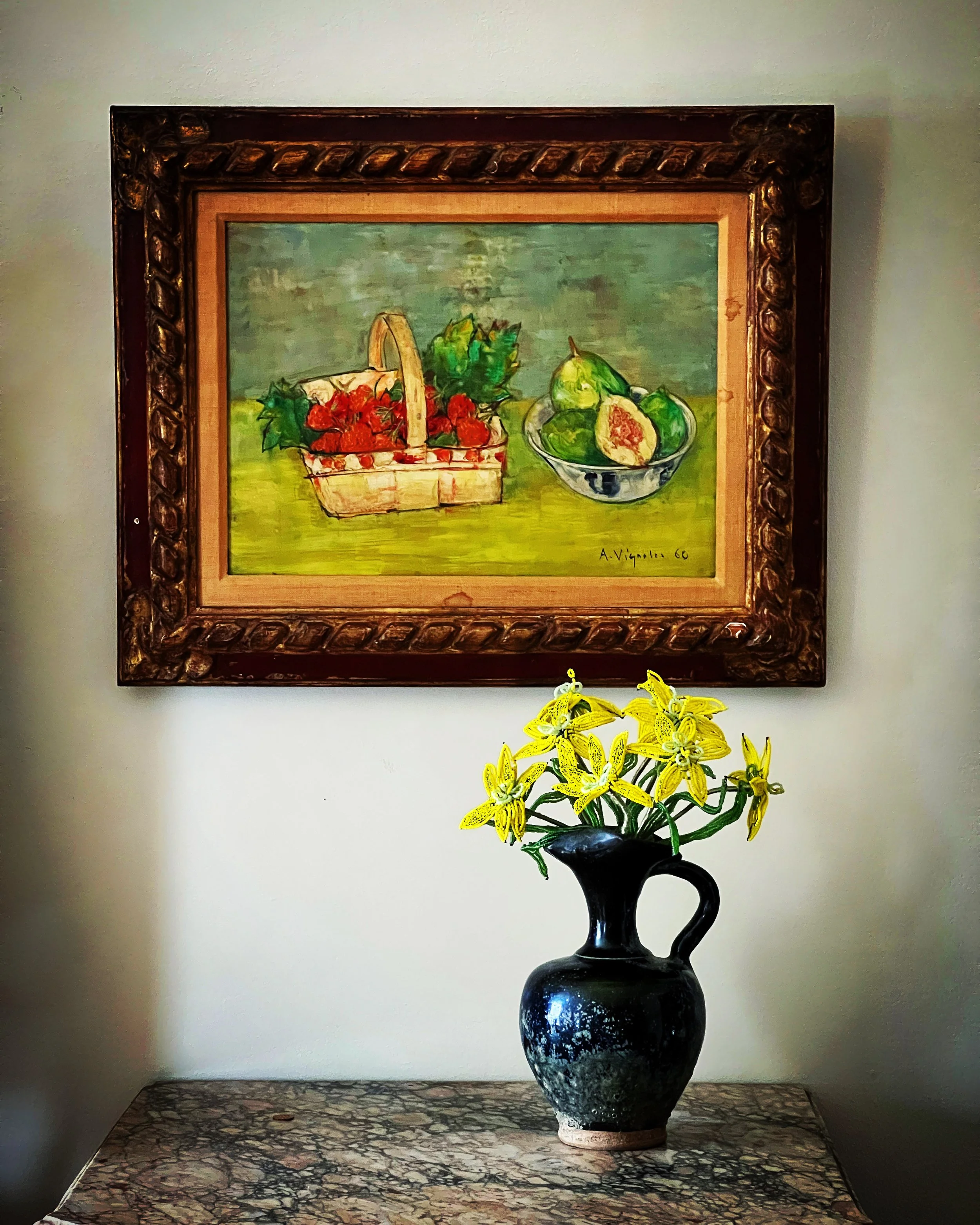 Still Life Painting with Fruit by André Vignole, Oil on Canvas, 1960, French