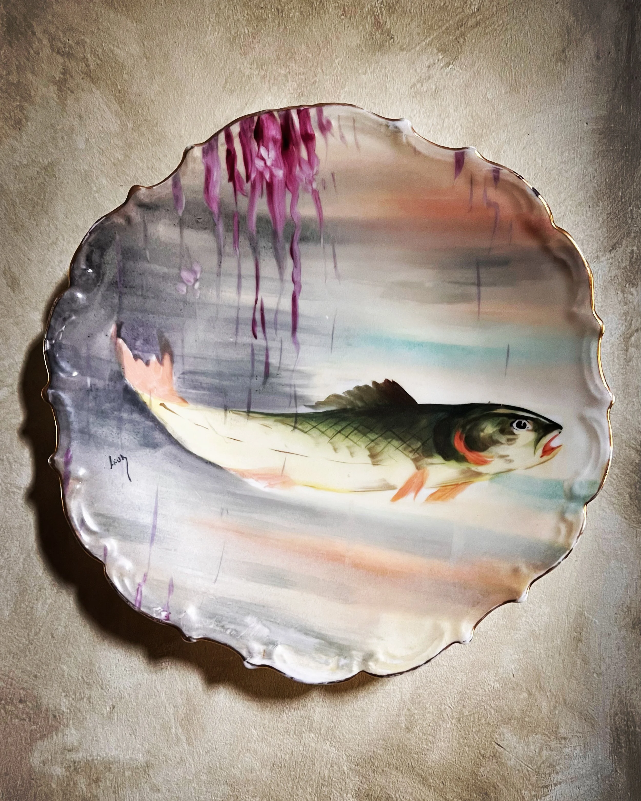 French Limoges Flambeau China LDBCo 12" Hand Painted Decorative Fish Plate