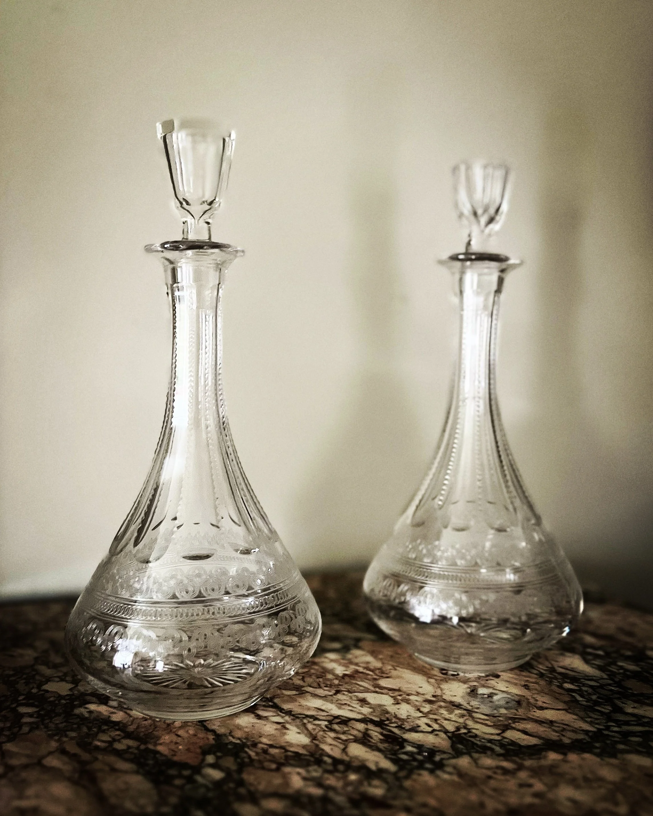 Antique Pair of Fostoria Glass Co. Decanters