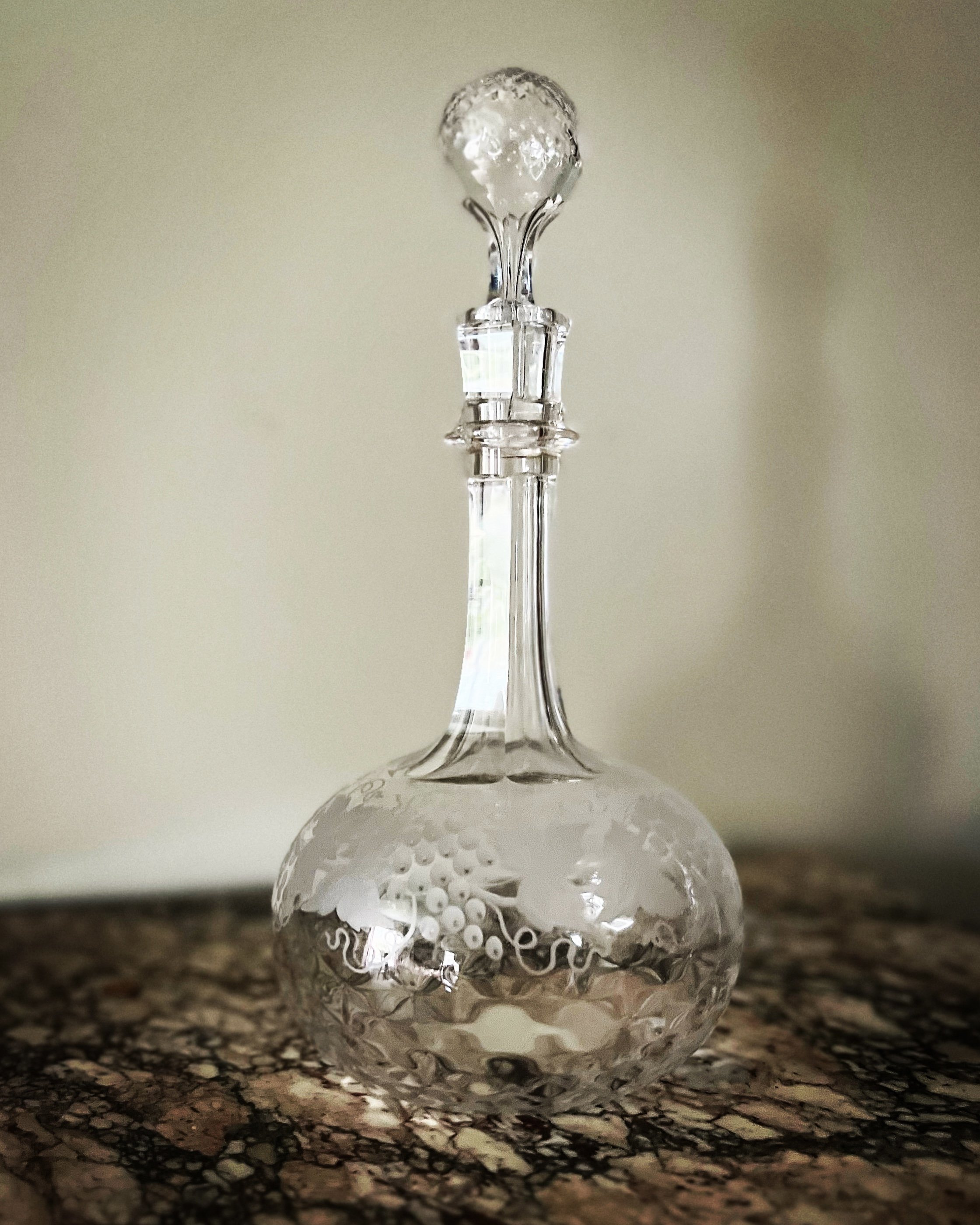 Edwardian Period Grape Vine Etched Design Glass Decanter, Possible American
