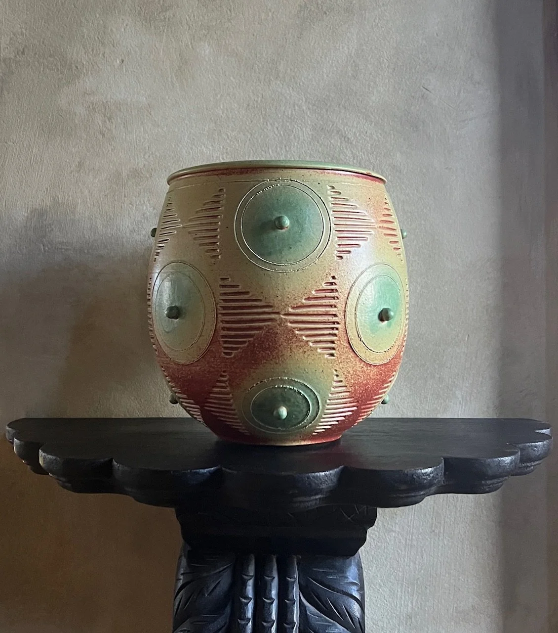 Studio Pottery Ovoid Vase With Art Deco Designs
