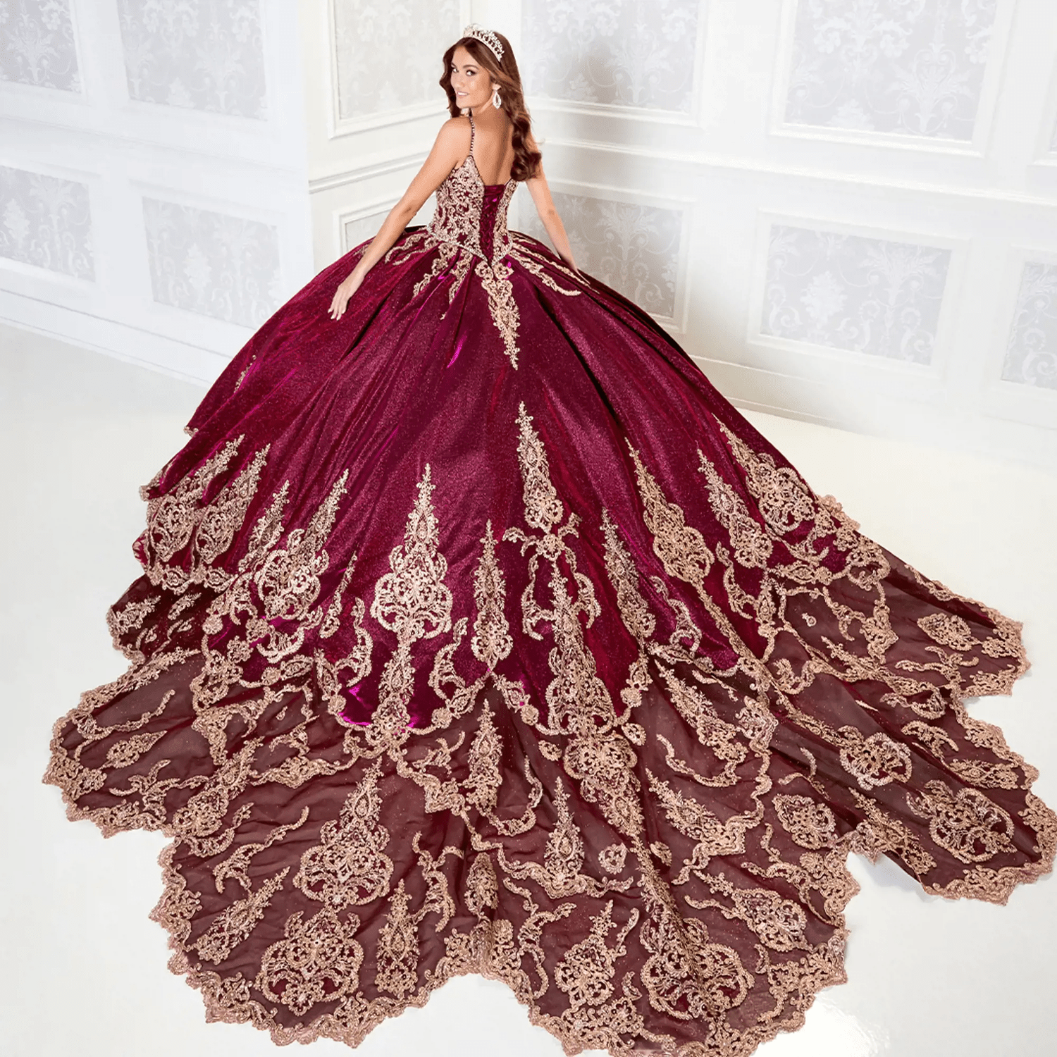 maroon and gold quince dress Burgundy and Gold Quinceanera Dress Acrylic Invitations – Invitations by  Luis Sanchez main image 1