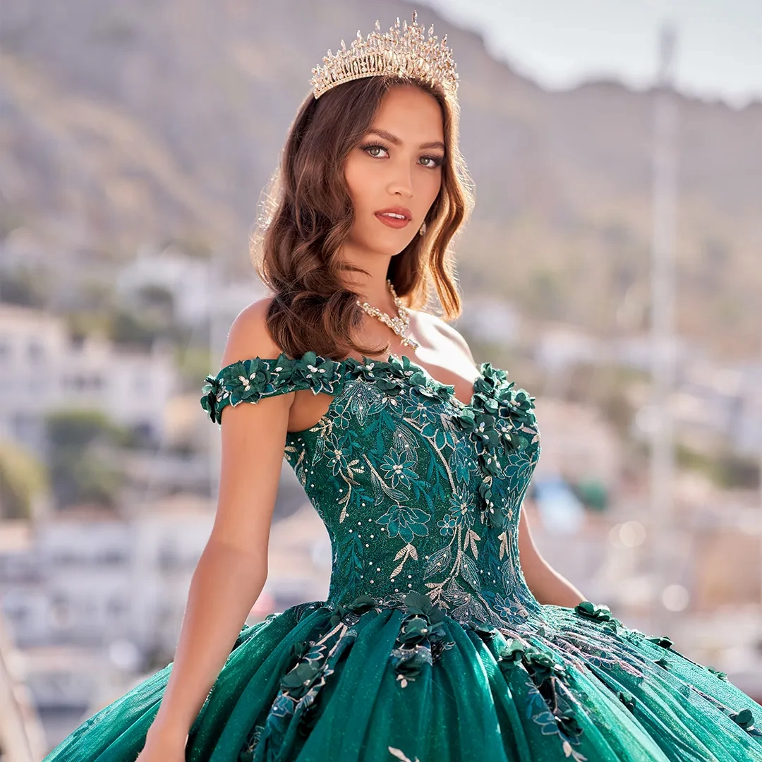 sachin and babi light blue dress Elegant Ball Gown Off Shoulder Gold Lace Appliques Beaded Ruffles Emerald Green Tulle Quinceanera Dress Princess Birthday Party Gown for Sweet 16 main image 0