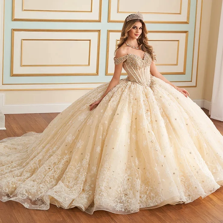green emerald velvet dress Champagne Ruffled Tiered Bow-Tie Vintage Princess Dress Long Puffed Sleeve Quinceanera Dresses 25047 Champagne / US6 main image 0