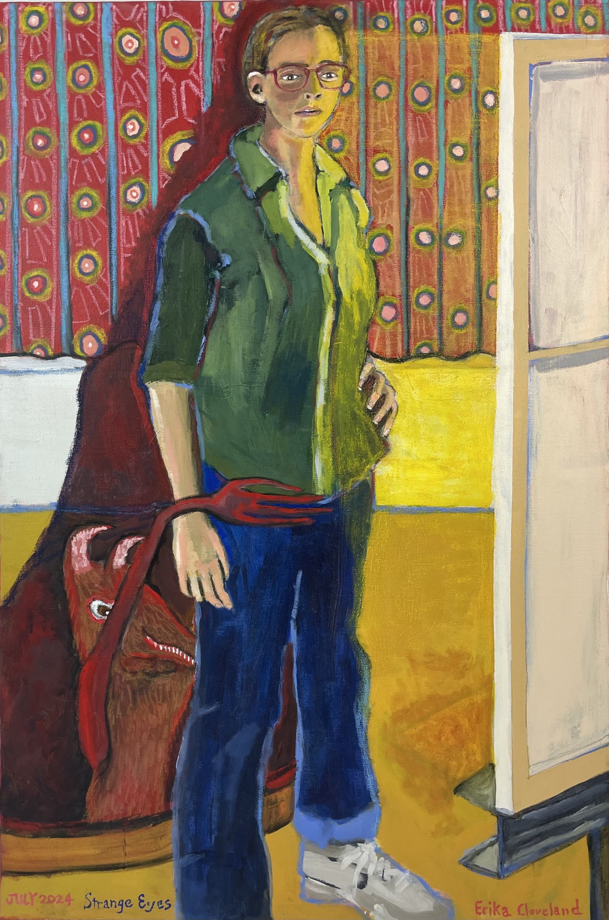 Strange Eyes, (originally painted in 1987, reworked-2024) painting, acrylic and watercolor crayon on canvas, 24 x 36