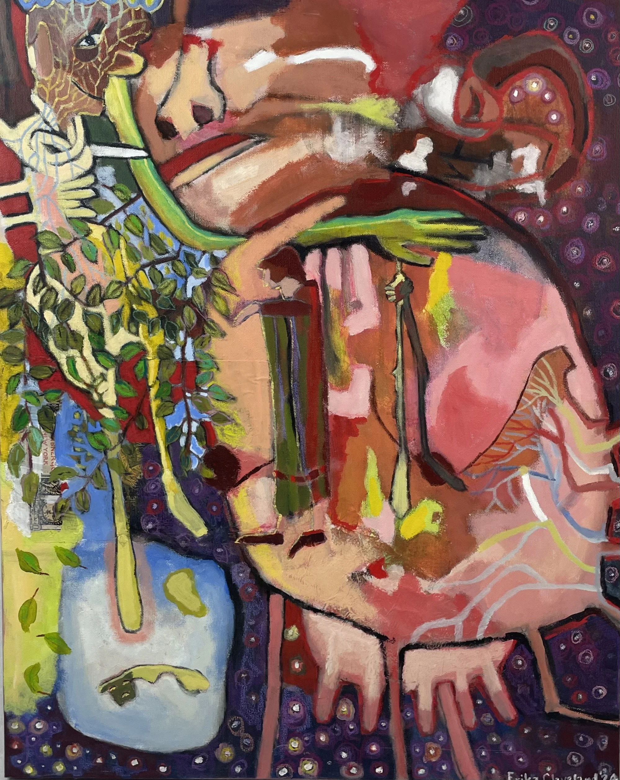 Plentary Bodies, painting, acrylic and watercolor crayon on canvas, 24 x 30, 2024