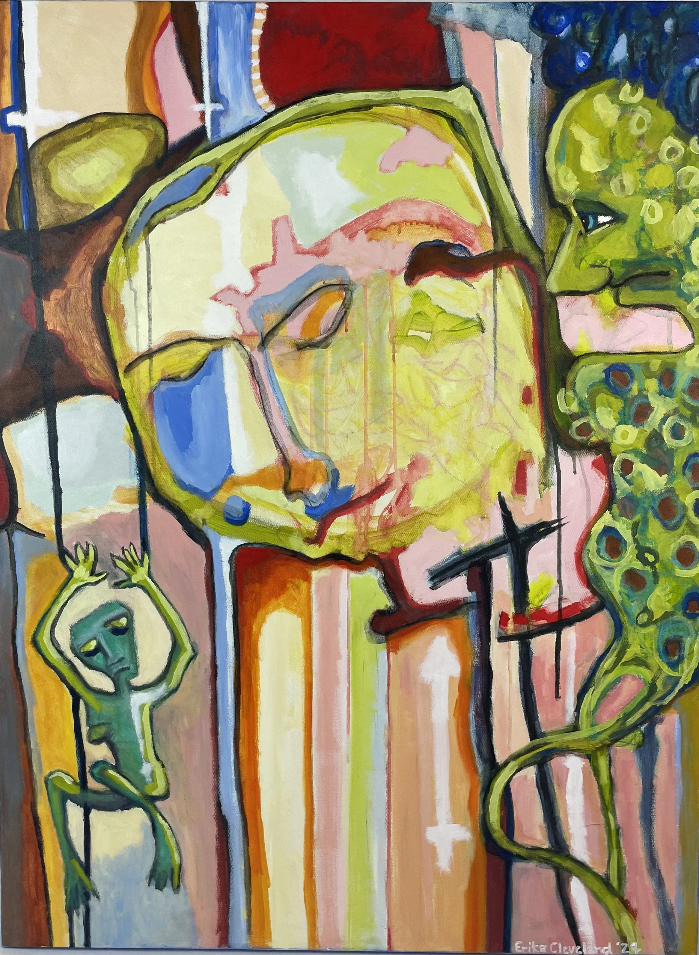 The Moon Falls to Earth, painting, acrylic and watercolor crayons on canvas, 30 x 40, 2024