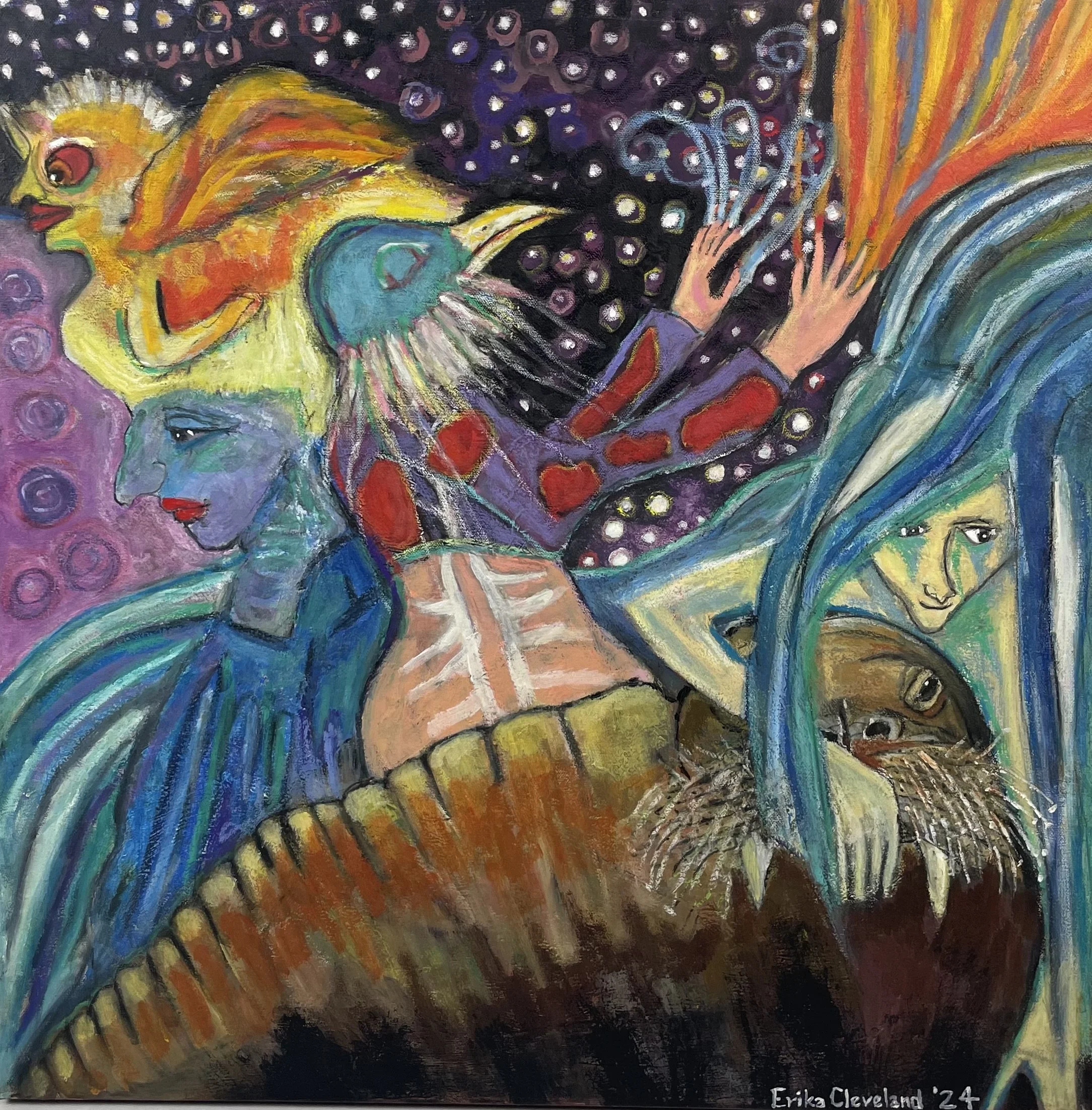 Repairing the Web: Star Beings II, painting, acrylic and watercolor crayons on canvas, 24 x 24, 2024