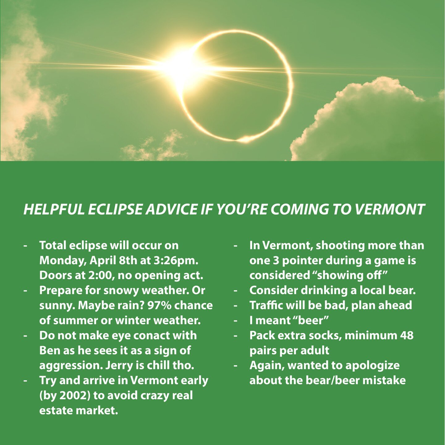 Lots of people coming to #Vermont for the #EclipseSolar so here's some helpful planning advice if you're one of them (the people coming to Vermont)