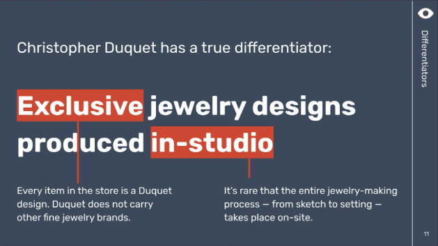 Presentation slide says Duqet has a true differentiator: Exclusive jewelry designs produced in-studio.