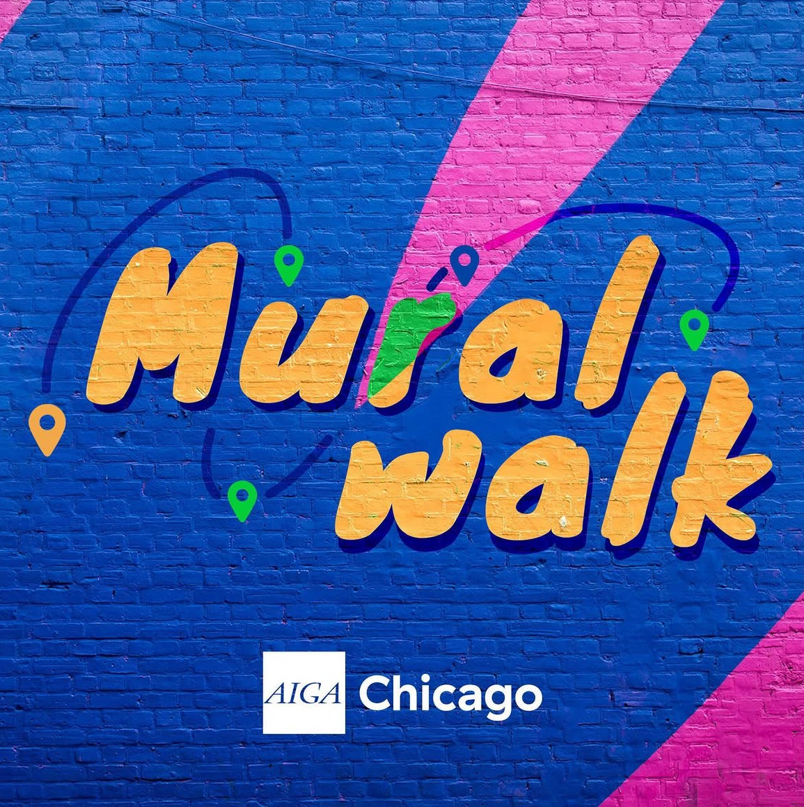 Blue wall with mural shows text Mural Walk and AIGA Chicago logo
