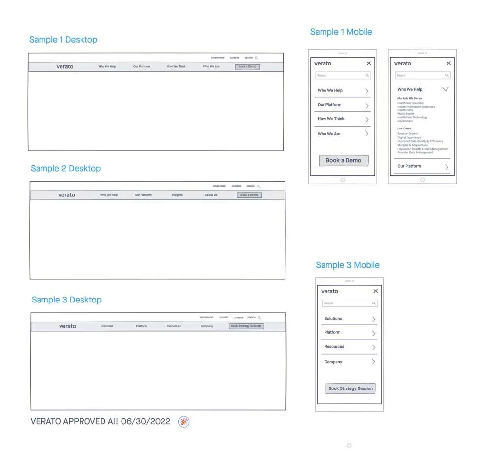 Three navigation concepts explored across desktop and mobile, testing how top-tier label language shaped buyer perception before a single page was designed. 