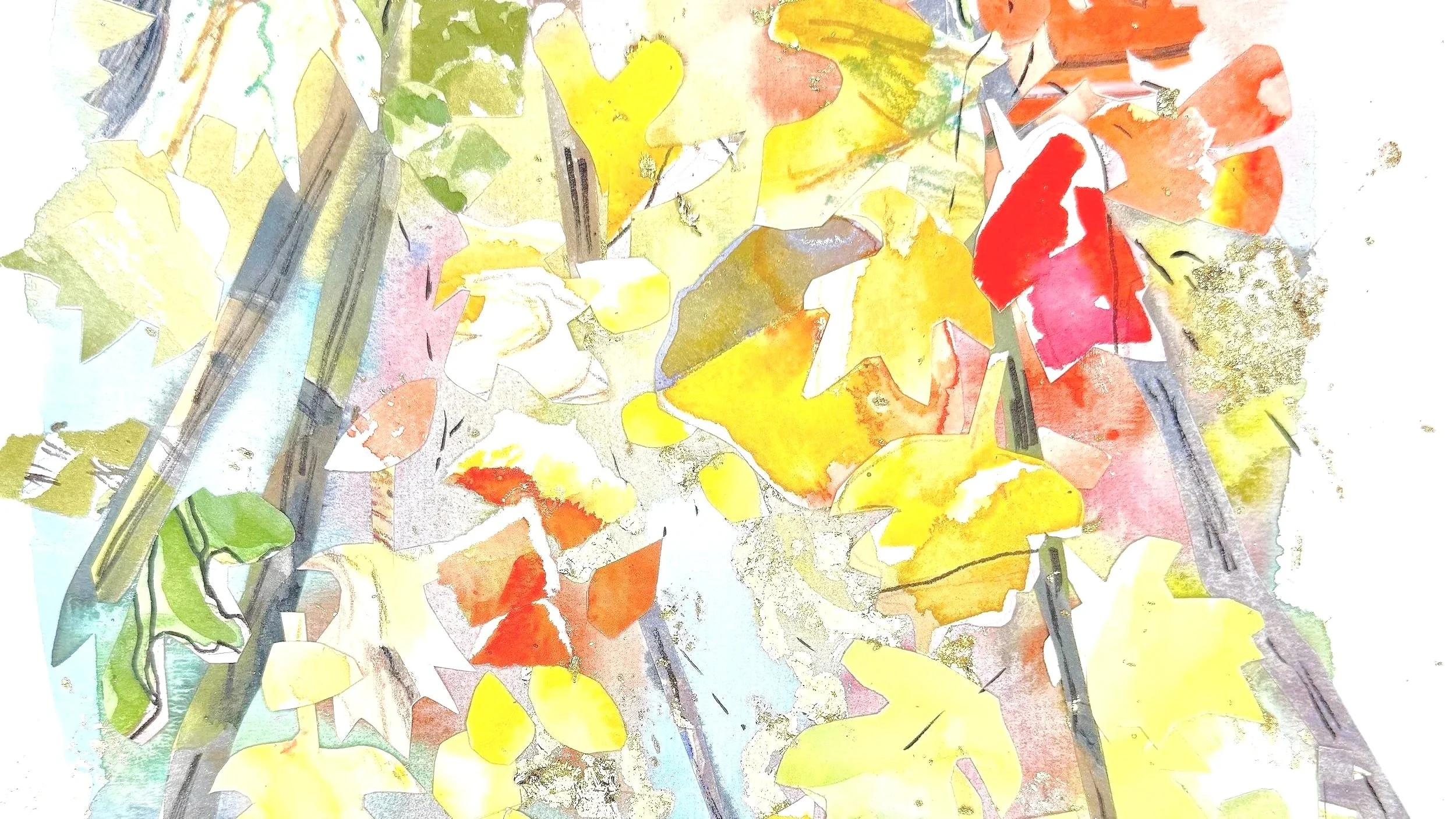 Colorful abstract watercolor collage of fall leaves with yellow, orange, red, and green hues, some leaves overlapping and others outlined, with visible brushstrokes and textured details.