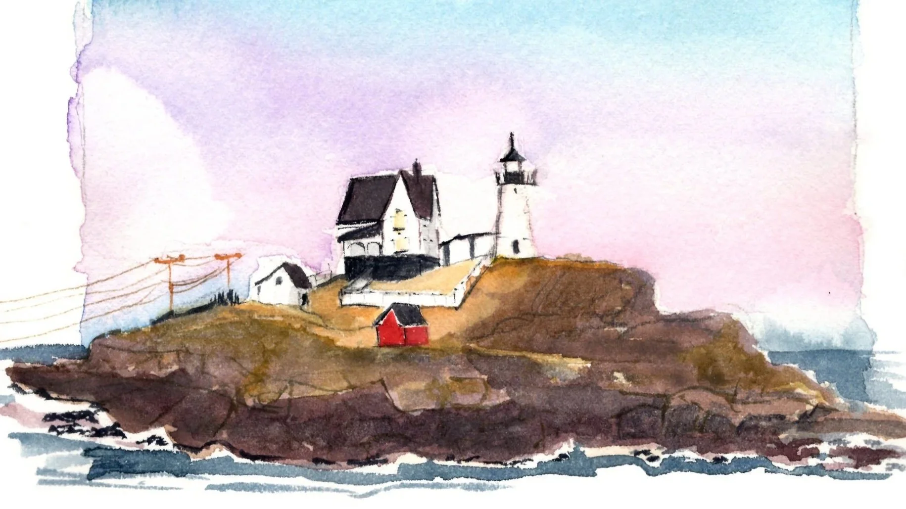 Watercolor painting of a lighthouse and houses on a rocky coastline with pastel sky in the background.